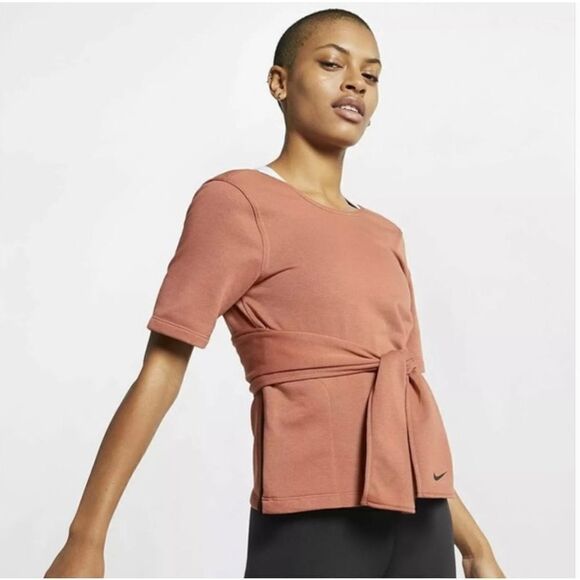 Womens Nike Studio Dri-Fit Short Sleeve Yoga Studio Wrap in Dusty Peach - M - Picture 1 of 6